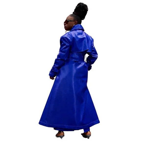 KAI Emani Faux Croc Leather Exaggerated Trench Coat - Sapphire Blue Medium - Picture 9 of 12